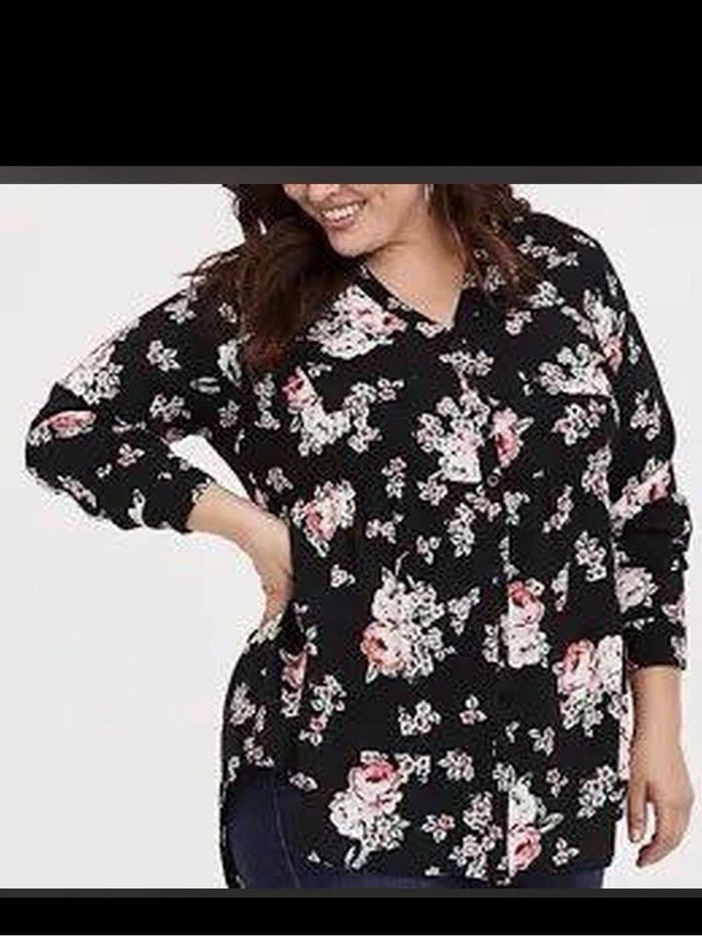 Torrid Black Floral Babydoll Shirt 2 2X Buttons